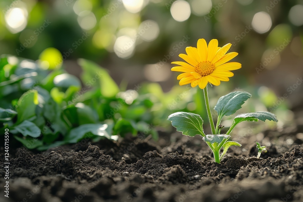 Sprouting Yellow Flower Amidst Greenery and Sunlight: Symbol of Growth and New Beginnings Sprouting Yellow Flower Amidst Greenery and Sunlight: Symbol of Growth and New Beginnings