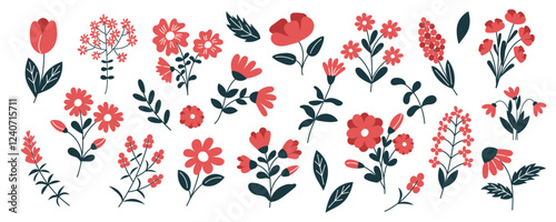 Set of flowers cliparts isolated on white. Hand drawn botanical collection of flowers in black and red colors. Nature, spring, summer, Ester, holiday concept.