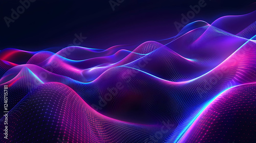 Abstract digital landscape with flowing waves of vibrant colors and glowing lines in a dark background
