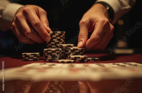 close-up shot of a poker player’s hands confidently pushing a large stack of chips into the pot during an all-in moment photo