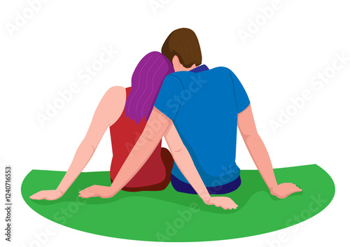 Back view of a couple hugging each other sitting on the grass. Happiness, dating, living happily. Vector illustration