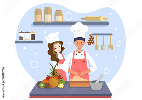 family cooking man cooking A woman stands and smiles to encourage. Vector illustration