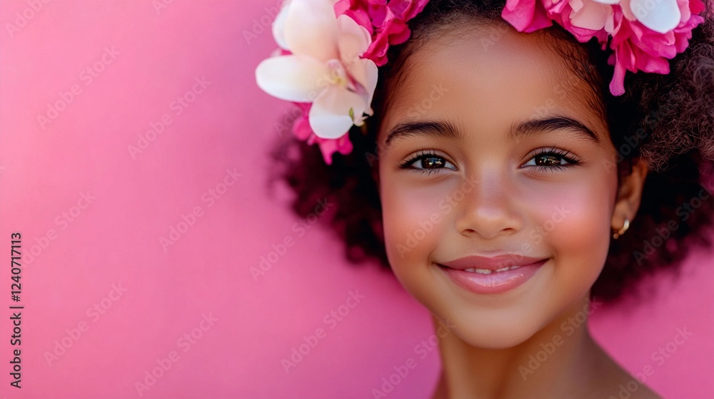 Beautiful portrait against pink background showcasing natural curly hair adorned with tropical flowers, radiating joy and innocence with a bright genuine smile and warm eyes. Beautiful portrait against pink background showcasing natural curly hair adorned with tropical flowers, radiating joy and innocence with a bright genuine smile and warm eyes.
