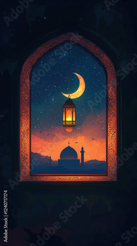 Starry Islamic Scene with Crescent Moon and Ornate Lantern