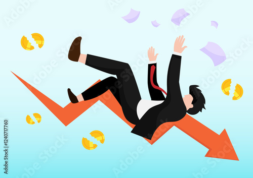 Financial crisis concept. Businessman falling down with financial chart and losing money. Bankruptcy and recession vector background