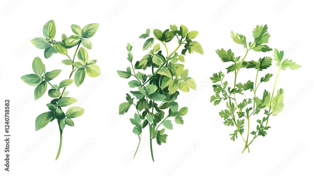 Fresh basil, cilantro, and parsley arranged together highlighting their vibrant colors and textures Fresh basil, cilantro, and parsley arranged together highlighting their vibrant colors and textures