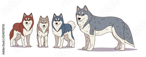 Husky dogs family colorful cartoon illustration. Four playful huskies in various shades stand on a white backdrop showcasing breed diversity and companionship