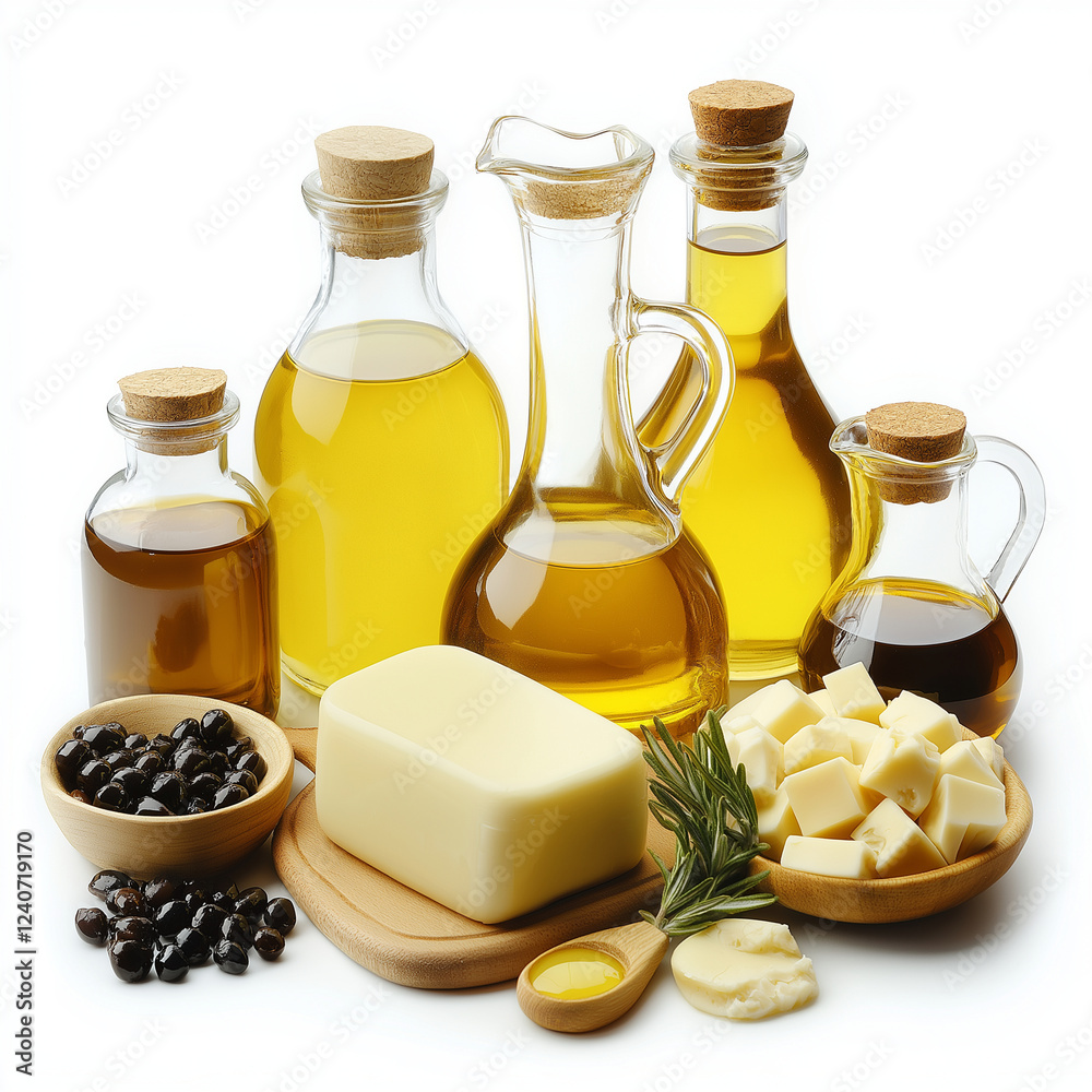 variety of cooking oils and fats displayed in glass bottles and bowls, including butter and herbs, creating warm and inviting kitchen atmosphere variety of cooking oils and fats displayed in glass bottles and bowls, including butter and herbs, creating warm and inviting kitchen atmosphere