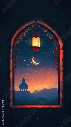 Peaceful Ramadan Night with Lantern, Mosque, and Moon