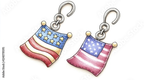 Detailed Illustration of Two Miniature American Flag Charms with Metal Hooks photo