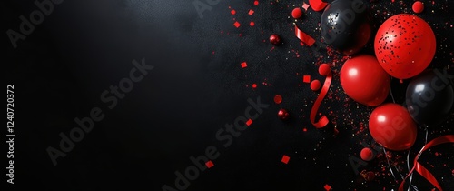 Colorful Balloons and Ribbons for Celebration on Dark Background