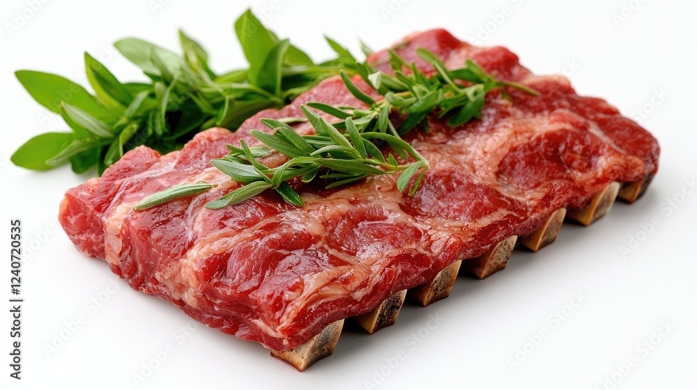 Raw lamb chops with herbs, white background, food photography, recipe illustration Raw lamb chops with herbs, white background, food photography, recipe illustration