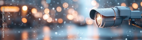 Nighttime view of a security camera softly focused, capturing faint infrared lights while monitoring a quiet street with blurred buildings in the background