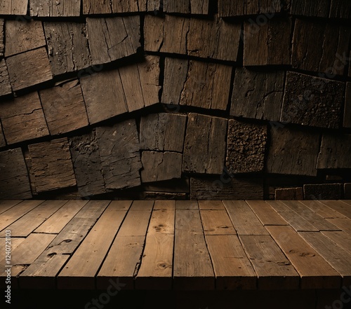 A wooden wall with varying shades of brown, composed of wooden planks in a haphazard manner, is illuminated by a dim light source, creating a rustic and aged atmosphere