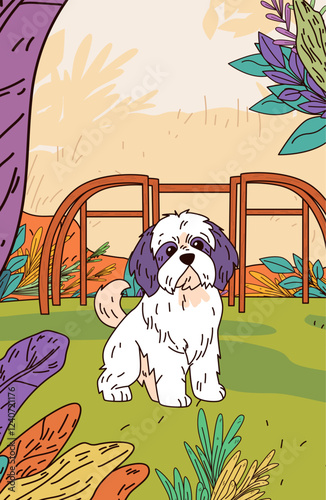 Cute dog in garden playful nature scene with colorful plants trees and wooden fence cartoon style vibrant colors outdoor setting
