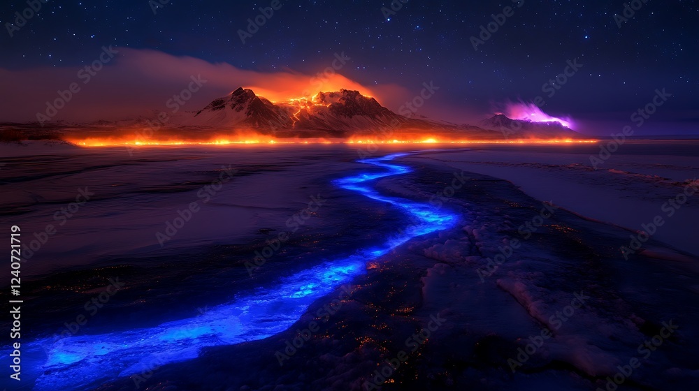 Fototapeta premium Night volcano glow, ice river