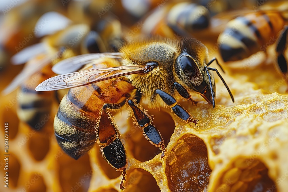 Honeybee on Honeycomb Close Up Detailed View Honeybee on Honeycomb Close Up Detailed View