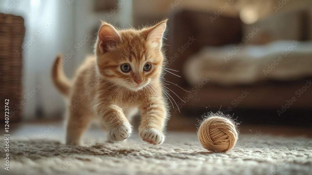 A playful orange kitten chases a ball of yarn on a soft carpet, showcasing its curious nature and love for playtime in a cozy living room setting. A playful orange kitten chases a ball of yarn on a soft carpet, showcasing its curious nature and love for playtime in a cozy living room setting.