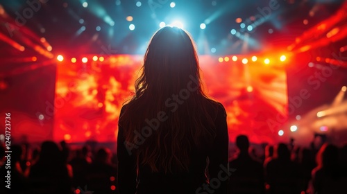 Audience member watches vibrant light display during concert, captivated by the performance atmosphere