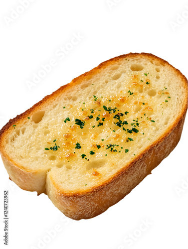 A warm slice of garlic bread with a golden, crispy crust, placed on a white table. Transparent background



