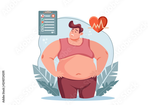 Fat man has heart complications. high blood pressure You have to take care of your body. Vector illustration
