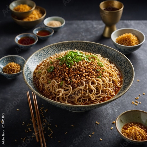 A stunning interpretation of Sichuan dan dan noodles—ultra-thin strands, tossed tableside in a sesame-peanut espuma, creating a luxurious fusion of past and future. photo