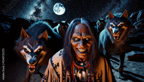 A terrifying Navajo skinwalker surrounded by snarling werewolves under the full moon.