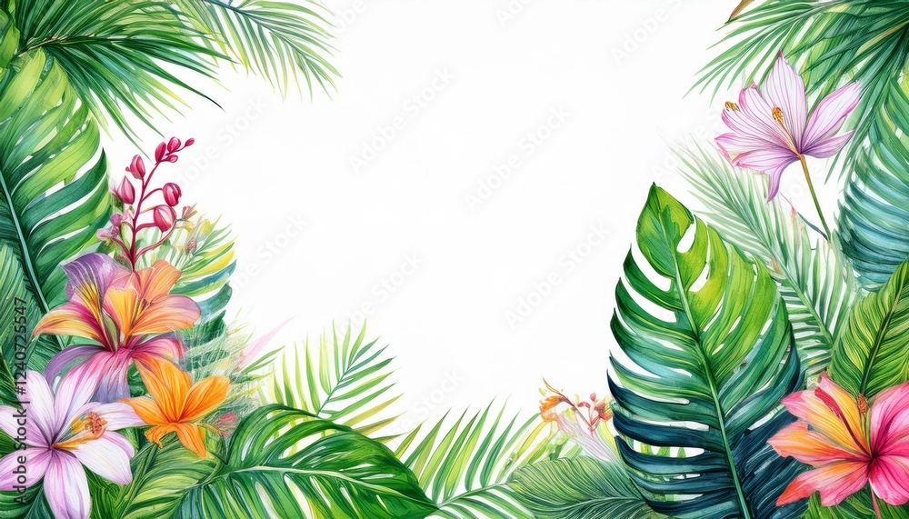 border frame beautiful palm tree leaves and jungle flowers on white background; copy space for your text border frame beautiful palm tree leaves and jungle flowers on white background; copy space for your text