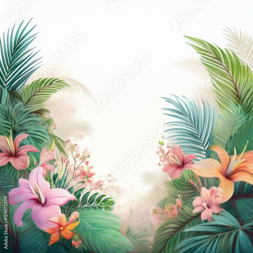 border frame beautiful palm tree leaves and jungle flowers on white background; copy space for your text