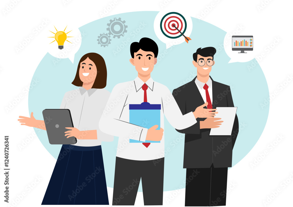A team of business people is communicating with customers who trust in management. And success comes from teamwork. Vector illustration A team of business people is communicating with customers who trust in management. And success comes from teamwork. Vector illustration