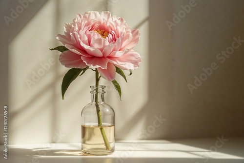Single pink peony in glass vase against sunlit wall.