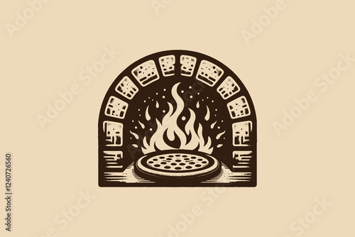 Vintage monochrome wood-fired pizza oven logo vector illustration