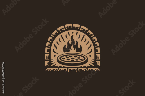 Vintage monochrome wood-fired pizza oven logo vector illustration
