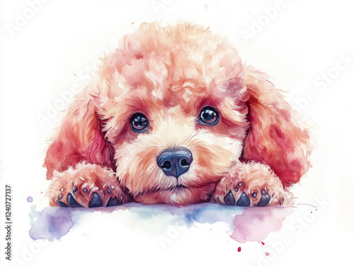  Portrait of Cute poodle puppy resting its head with a curious expression watercolor illustration