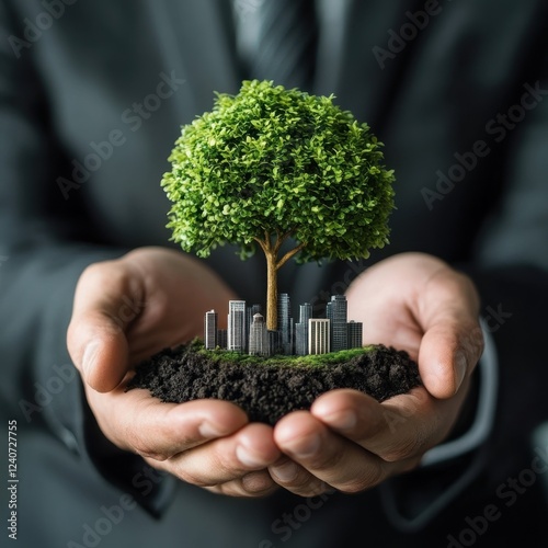 Hands Holding Tree with Cityscape in Background as Symbol of Growth