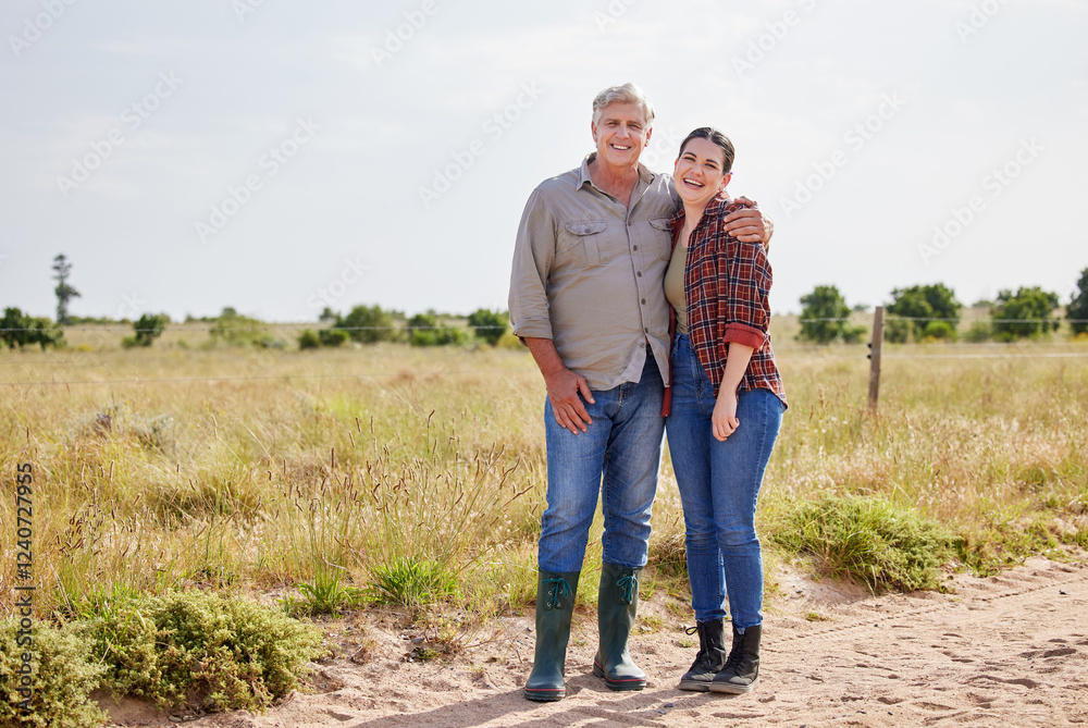 Family, portrait and woman with senior dad, farm and hug for countryside, holiday and happy together. Daughter, mature man and father for vacation, bonding and love in rural field environment Family, portrait and woman with senior dad, farm and hug for countryside, holiday and happy together. Daughter, mature man and father for vacation, bonding and love in rural field environment