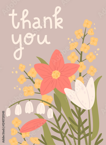 Thank you. Beautiful vector bouquet. Greeting card or banner template. Cute cartoon flowers on grey background. Birthday or Women's Day card template