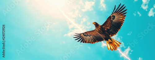 Majestic Eagle Soaring Against Clear Blue Sky with Sun Rays Shining Brightly in the Background