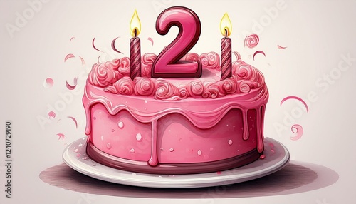 Illustration of decorated pink cake for birthday or anniversary party. Number 2, second birthday celebration