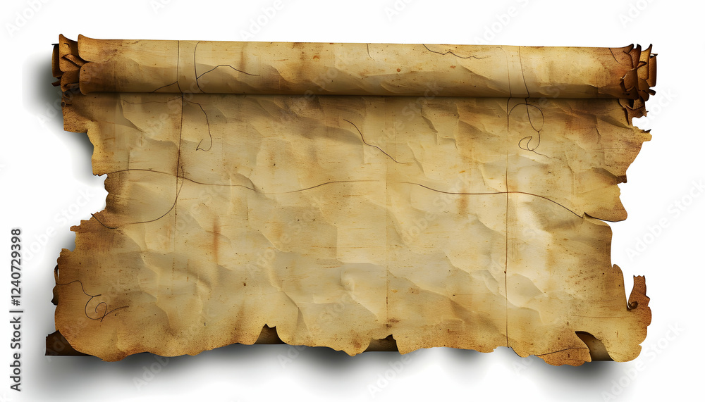 Fototapeta premium Ancient scroll with aged parchment texture, rolled at the edges, set against a white background