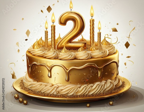 Illustration of decorated gold cake for birthday or anniversary party. Number 2, second birthday celebration photo