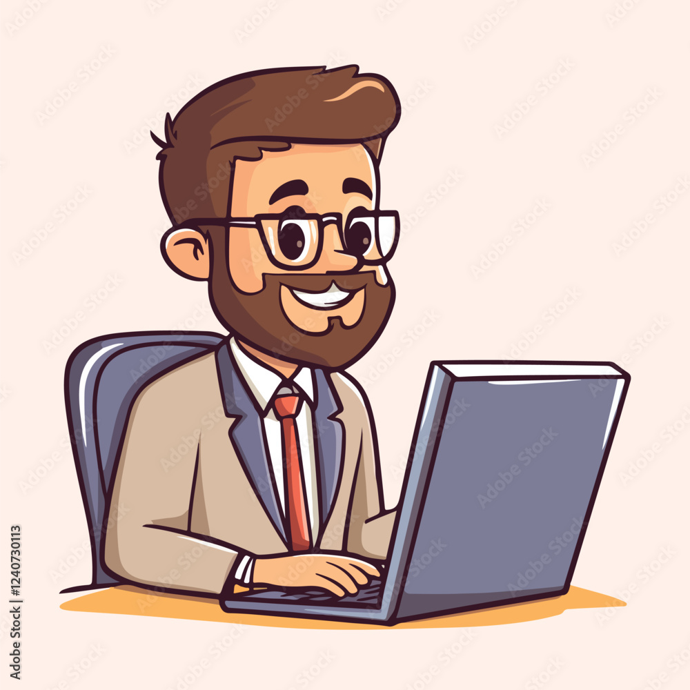 Cartoon employee sitting and typing on a laptop vector illustration Cartoon employee sitting and typing on a laptop vector illustration