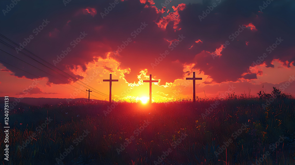 Sunset Crosses Silhouette in Field at Dusk Sunset Crosses Silhouette in Field at Dusk