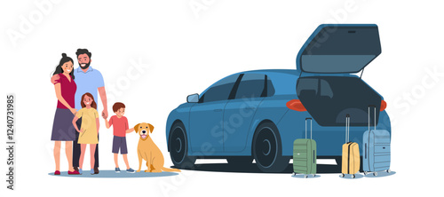 Family with children and suitcases next to their car with open trunk. Vector illustration.