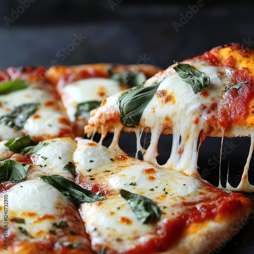 Delicious Slice of Cheese Pizza with Fresh Basil Leaves and Sauce