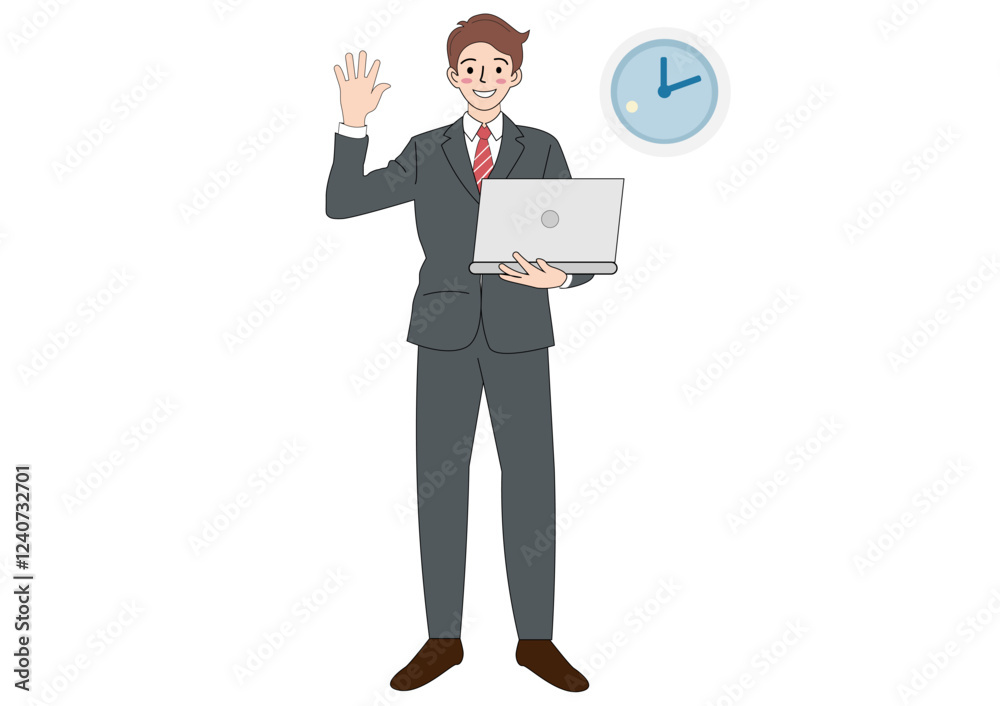 Young businessman holding a laptop in a suit Waving to greet customers Young businessman holding a laptop in a suit Waving to greet customers