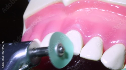 A detailed view of a dental polishing disc being used to smooth the surface of an artificial tooth during a restoration process. The image highlights the precision and tools involved in dentistry