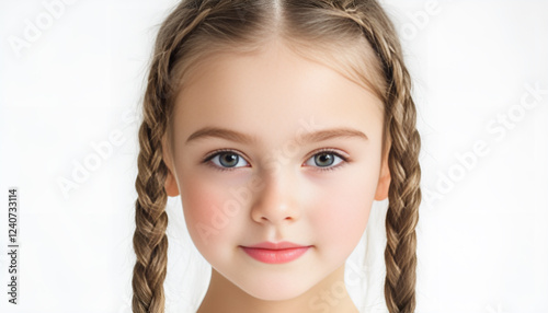 Little girl with braided hair on white background, closeup
