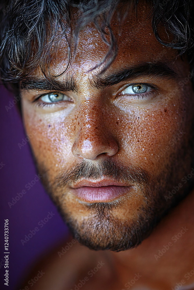 Handsome male model with striking blue eyes and sun-kissed skin poses against a vibrant background in natural light Handsome male model with striking blue eyes and sun-kissed skin poses against a vibrant background in natural light
