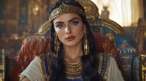 Cleopatra Generate authentic casual image portraying Cleopatra renowned her beauty political acumen scene capturing her engaging diplomatic negotiation Julius Caesar or Mark Antony perhaps seated her